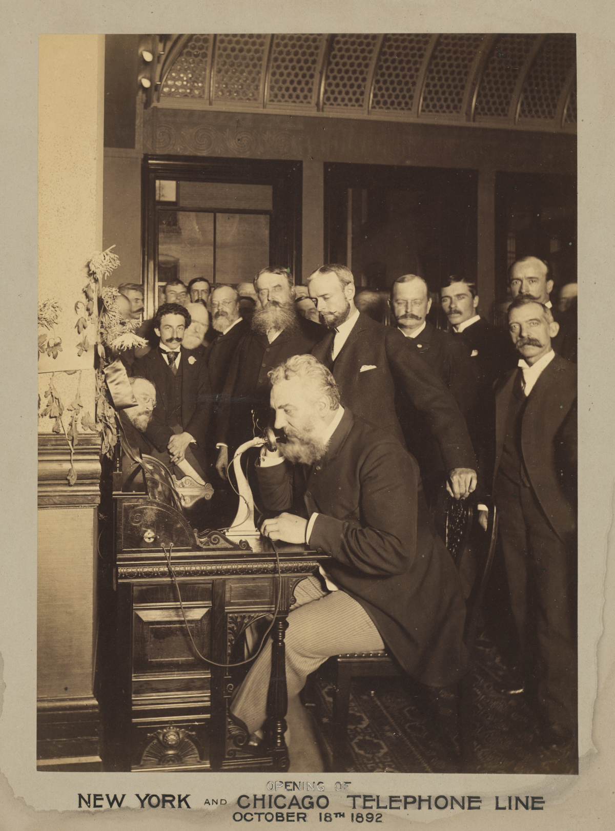 Bell making the first telephone call from New York to Chicago, 18 October 1892