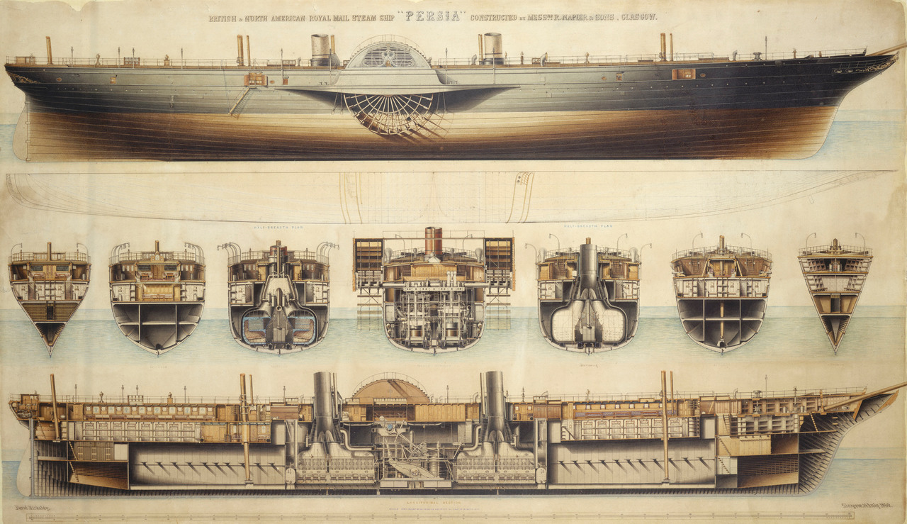 British & North American Royal Mail steam ship 'Persia' (1855) drawn by&nbsp;David Kirkaldy when chief draughtsman at the shipbuilding firm of Robert Napier & Sons Ltd, Glasgow. His plan for the 'Persia', the first iron-hulled vessel built for Cunard, was the only engineering drawing to be exhibited at the Royal Academy. 'Persia' took the Blue Riband for the fastest sea crossing of the Atlantic in July 1856, a record she held until 1862.