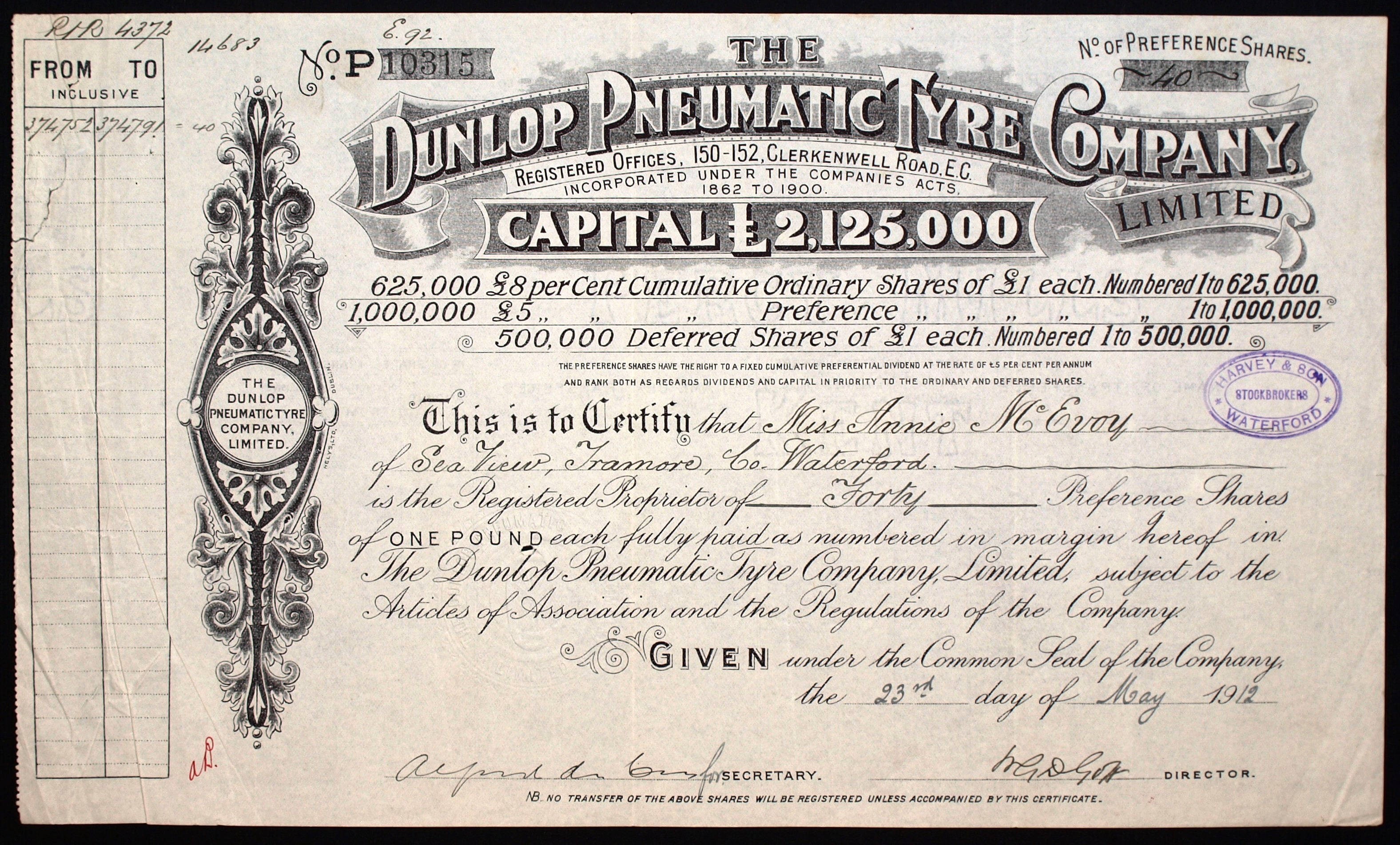 Share of the Dunlop Pneumatic Tyre Company Ltd., issued 23. May 1912