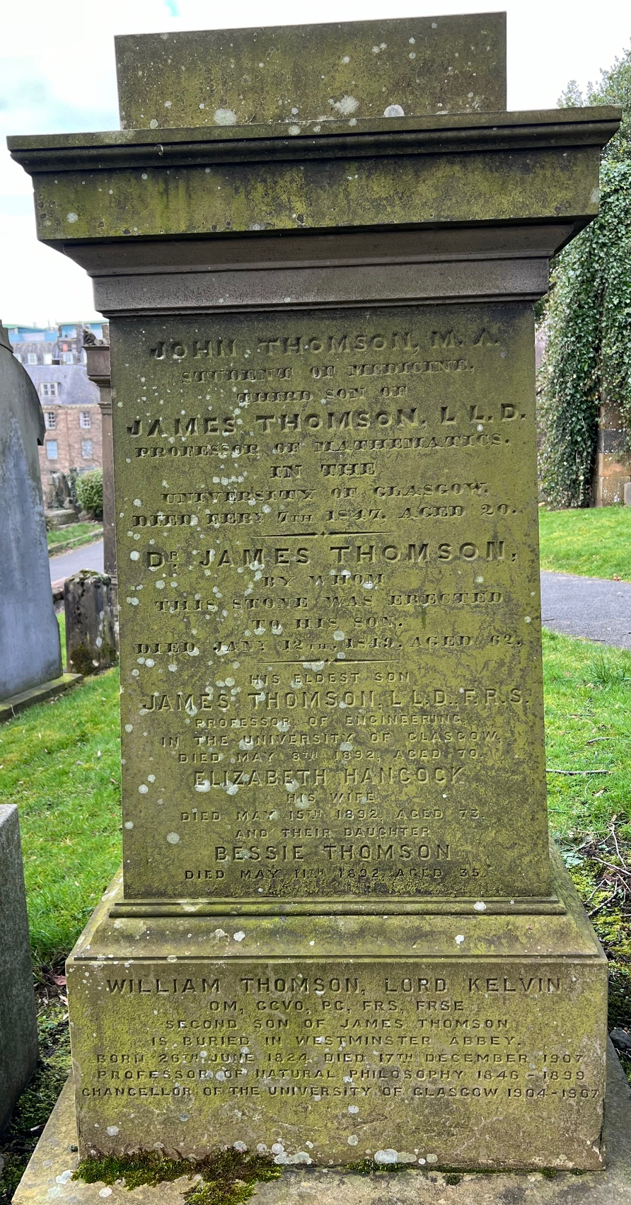 The Thomson family gravestone in Glasgow Necropolis. Kelvin's name at foot noting his burial in&nbsp;Wesminster Abbey