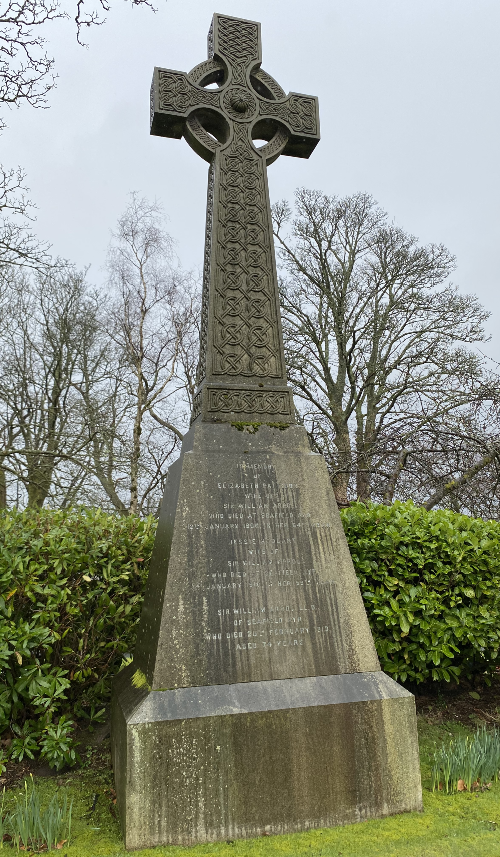 Gravestone in Woodside Cemetery, Paisley commemorating Sir William Arrol and his first two wives, Elizabeth Pattison and Jessie Hodgart&nbsp;