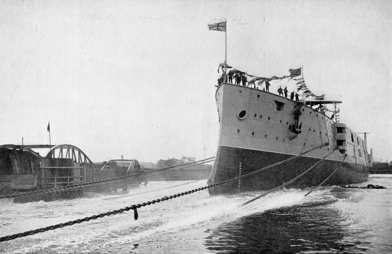 The launch of an armoured cruiser from the Fairfield Yard, probably HMS Diadem, 1896. 