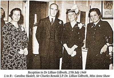 Caroline Haslett, Sir Charles Renold,&nbsp;Lillian Gilbreth and Anne Shaw at a reception for Dr Gilbreth, 27 July 1949