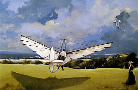 Pilcher's first flight. Artist Dugald Cameron.