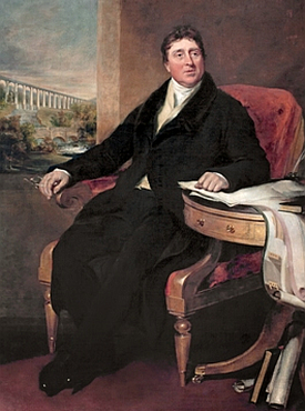 Telford's portrait by Samuel Lane&nbsp;in the Institution of Civil Engineers&nbsp;with Pontcsyllte Aqueduct in the background
